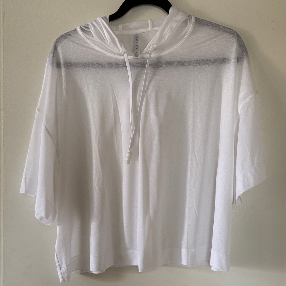 Athleta Sheer White Hooded Short Sleeve Tee